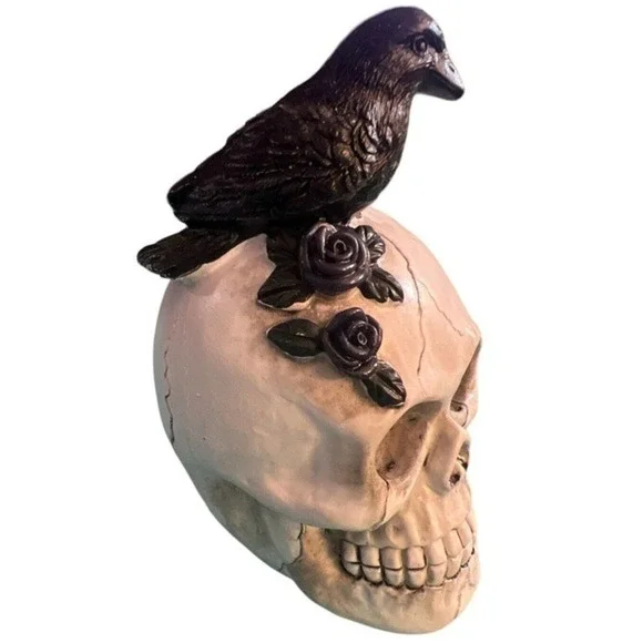 Skull With Crow and Purple Rose Flowers - Picture 2 of 5